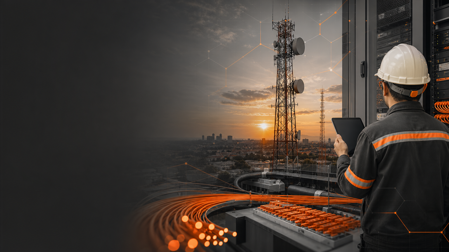 Técnico de capacete branco e uniforme com faixas refletivas usa um tablet diante de rack e feixe de fibras laranja, com torre de telecomunicações ao pôr do sol.